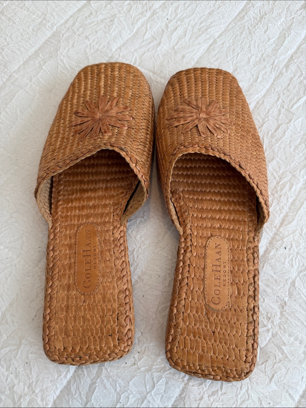 Cole Haan Woven Tan Slide Mules with Floral Detail